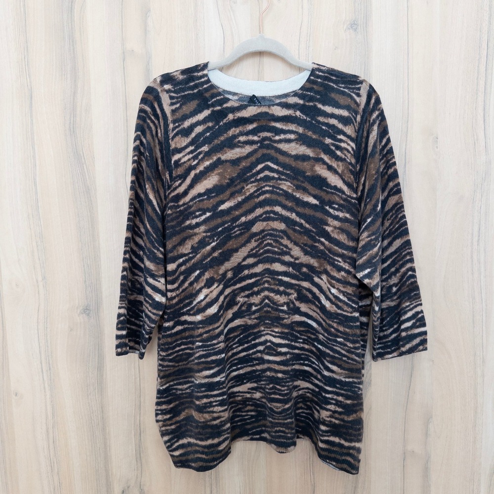 Talbots Womens Cashmere Sweater Size 3X Brown Tiger Print Classic Quiet Luxury‎